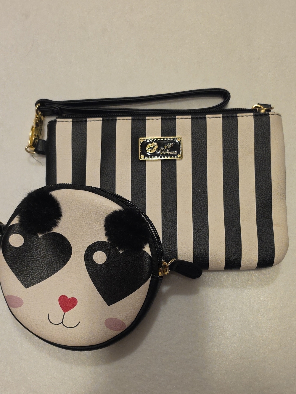 Betsy & Adam Black and Cream Striped Wristlet with Panda Coin Pouch